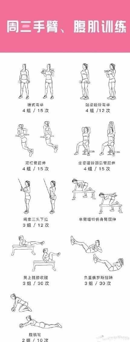 一周训练计划建议，包括核心、手臂、腹部和肩部的训练