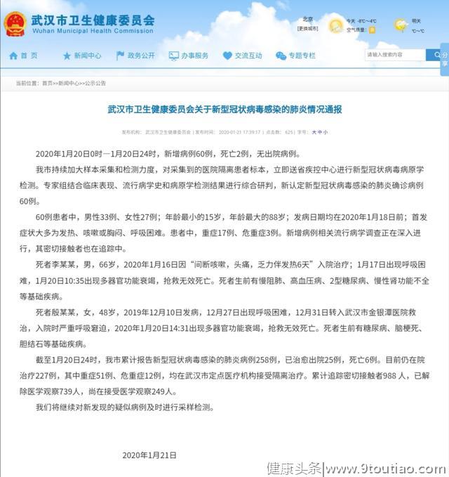 权威发布！武汉市卫生健康委员会关于新型冠状病毒感染的肺炎情况通报