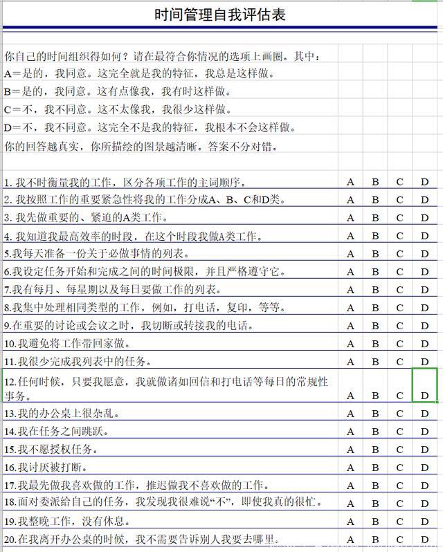 实操：时间管理自我评估表，来评一下你的时间管理能力