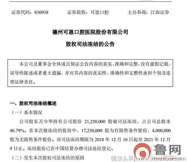 可恩口腔利润“负上增负”   万少华全部股份被冻结或“易主”